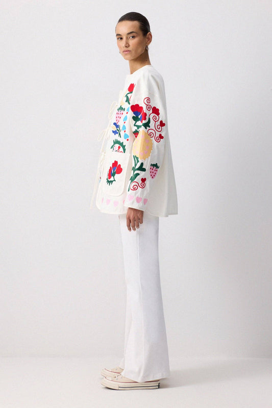 Giacca kimono in gabardine con ricami folk
