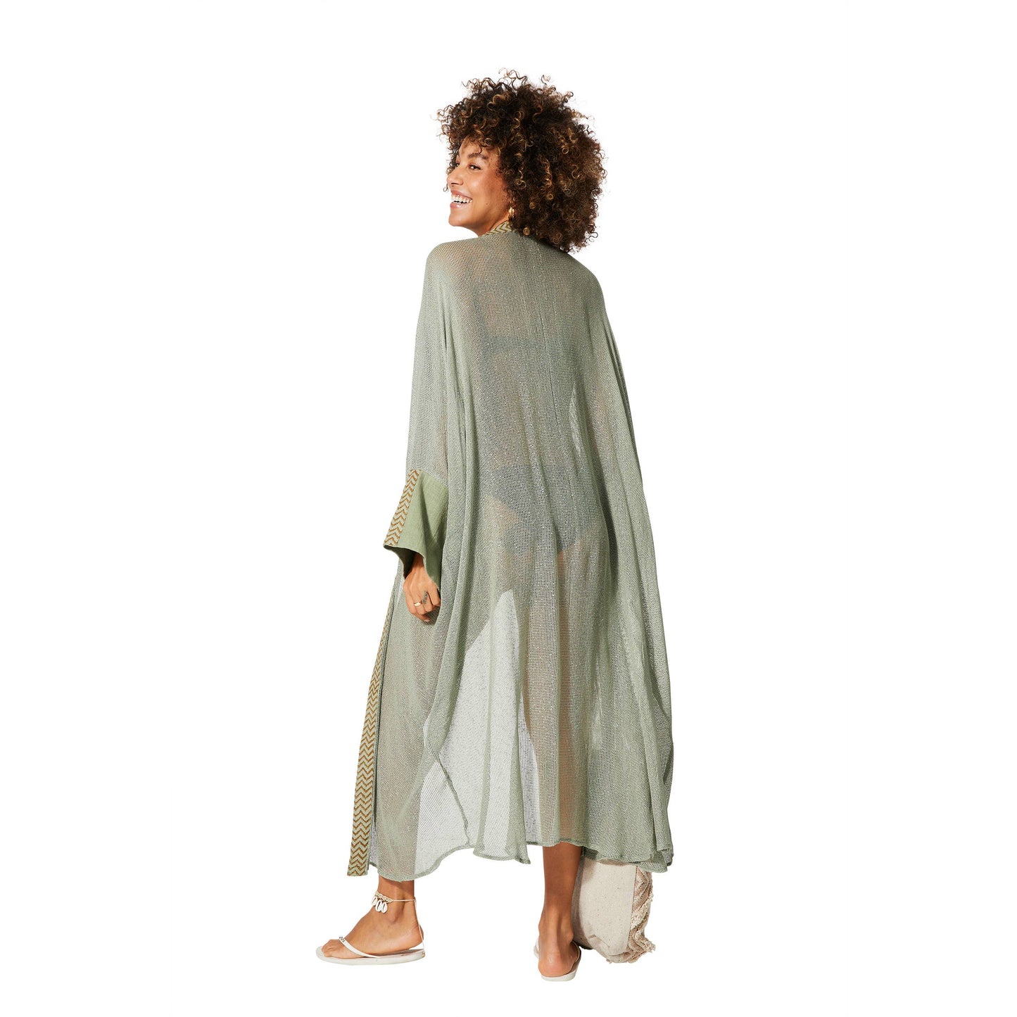 Kimono estivo boho in cotone verde a maniche lunghe