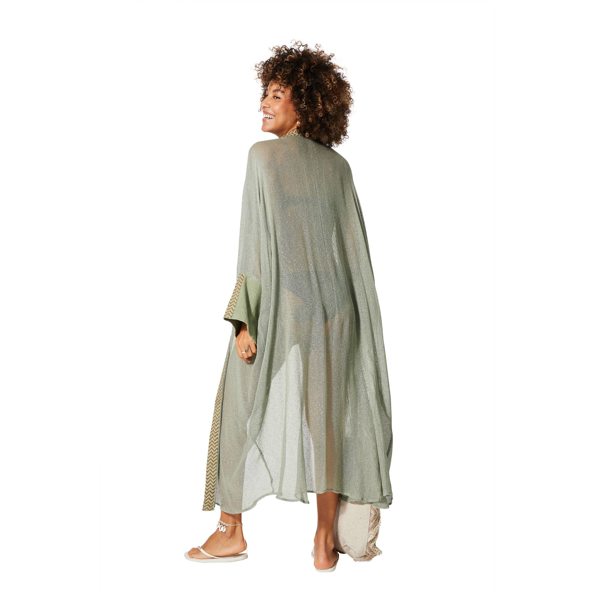 Kimono estivo boho in cotone verde a maniche lunghe