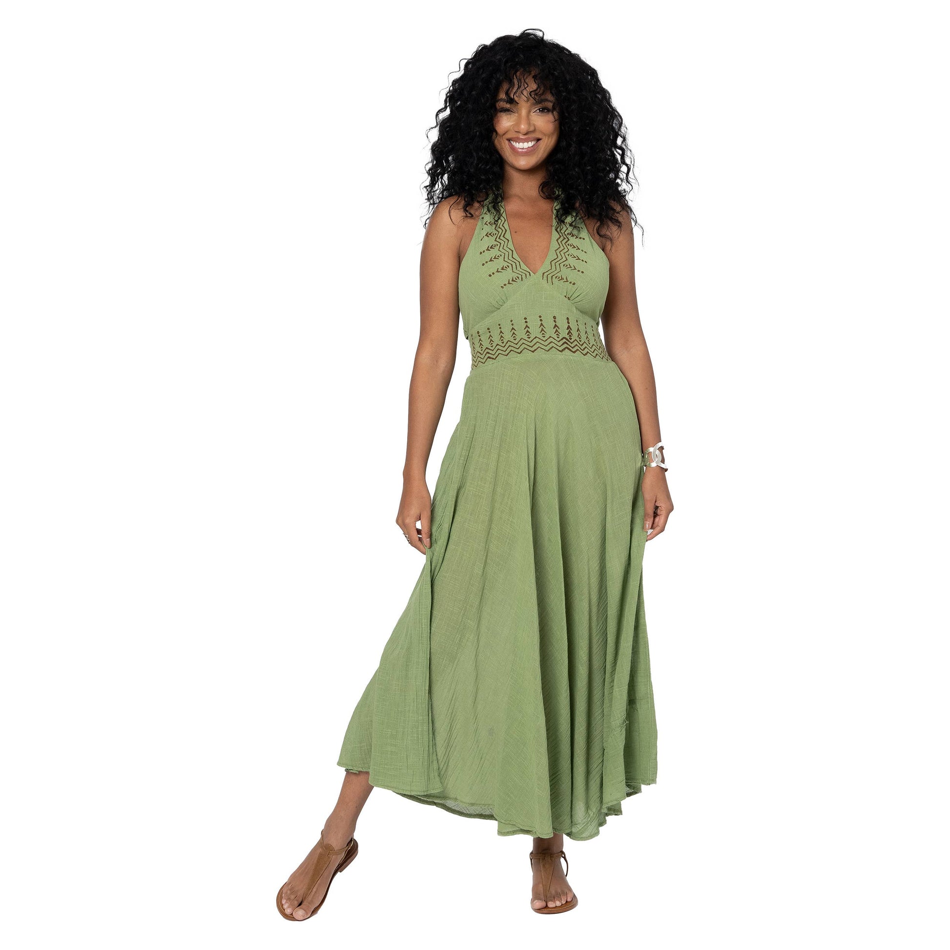 Abito lungo estivo boho con schiena scoperta verde oliva