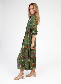 Vestito chemisier lungo in voile di cotone verde oliva