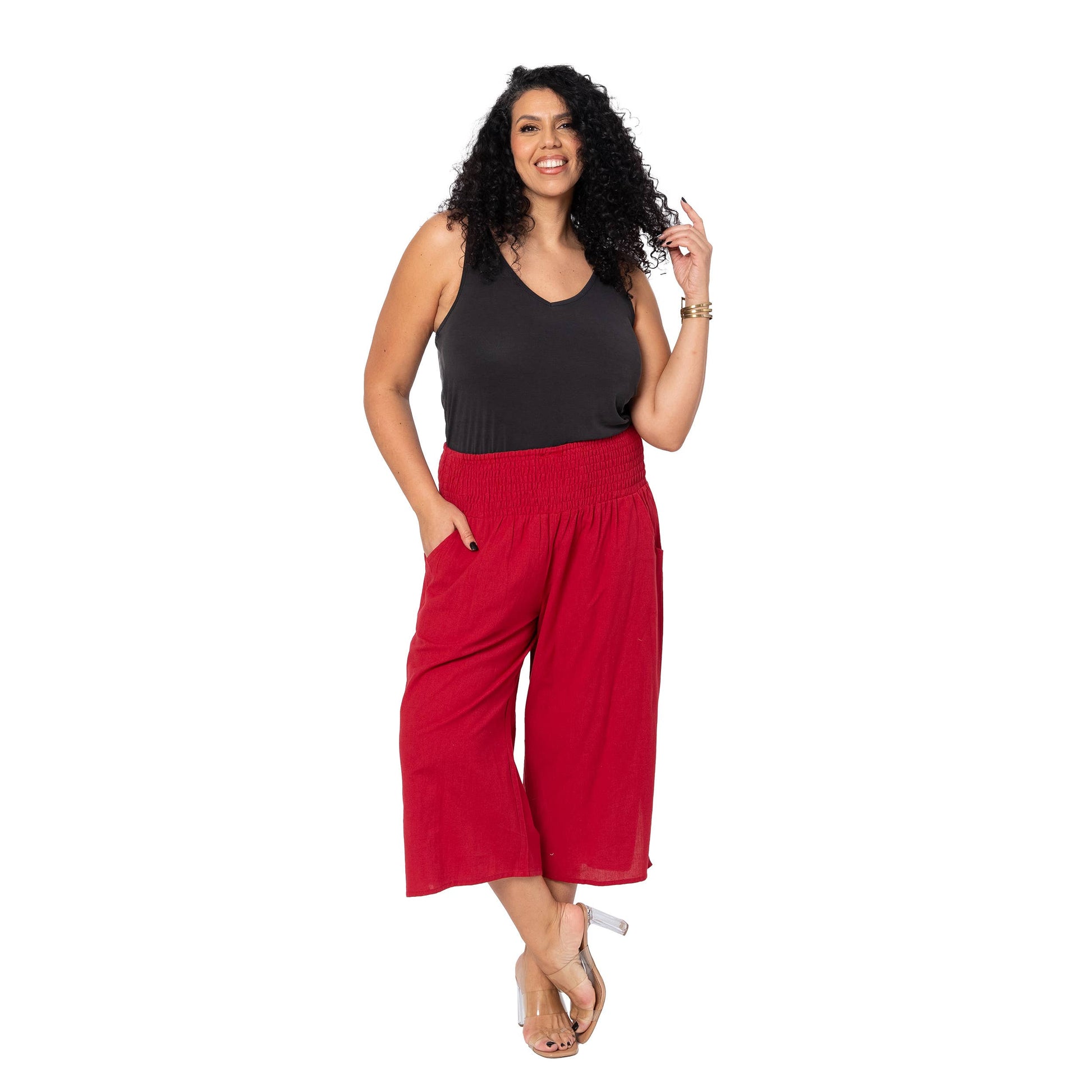 Pantaloni culotte estivi in lino plus size bordeaux da donna
