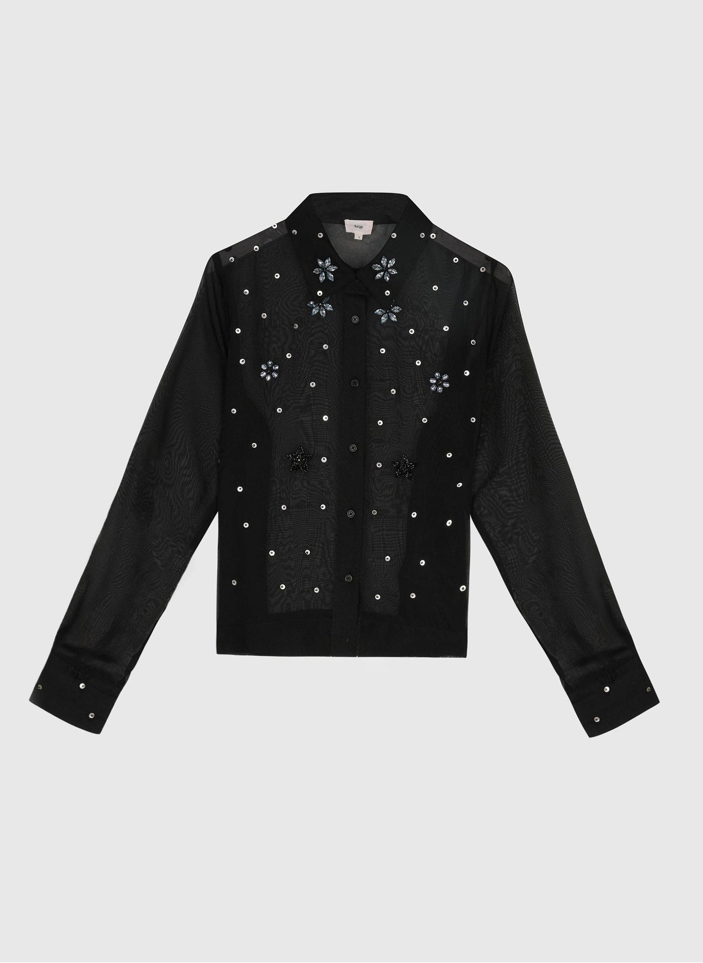 Camicia nera in organza con ricami gioiello