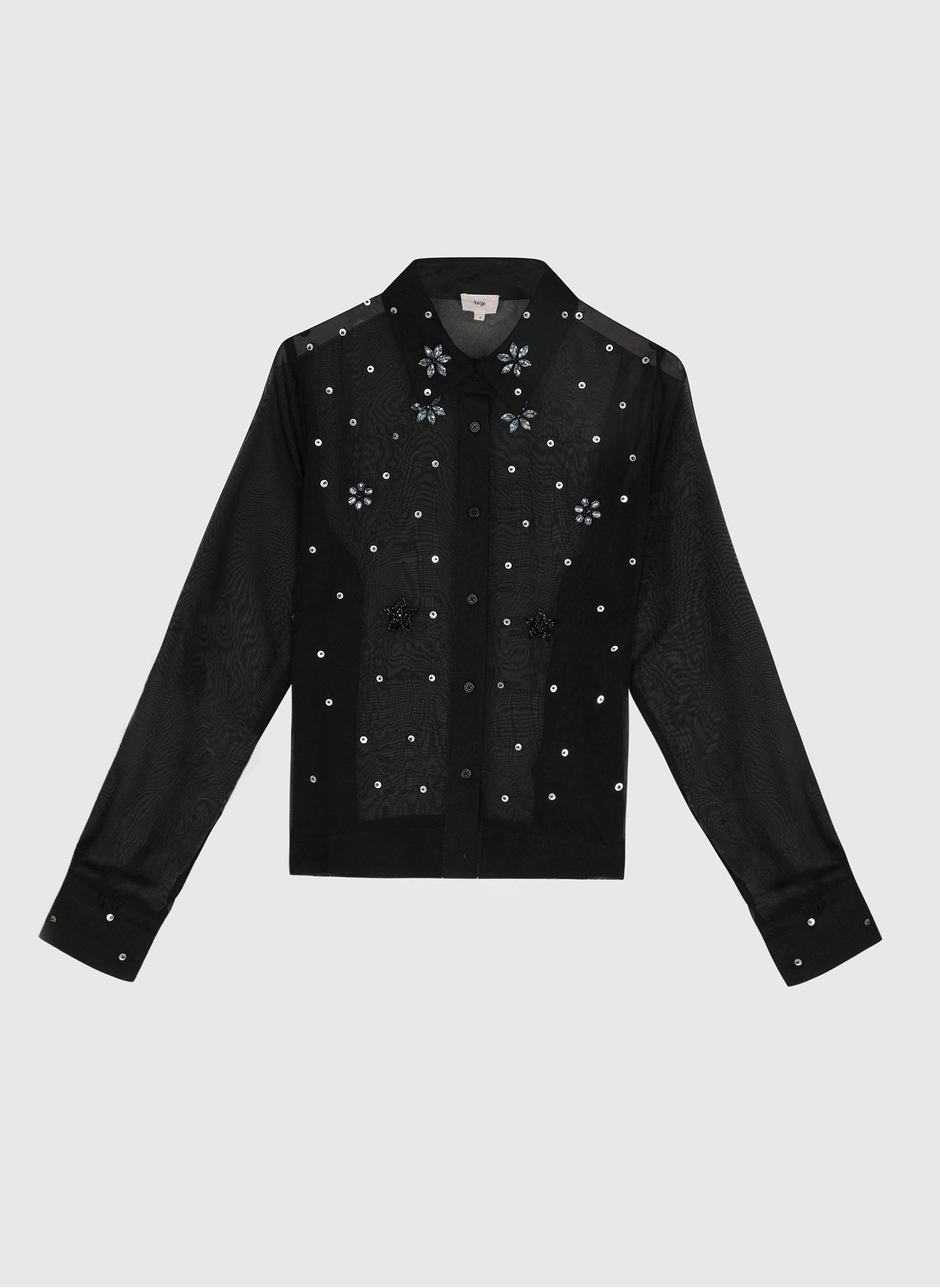 Camicia nera in organza con ricami gioiello