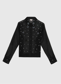 Camicia nera in organza con ricami gioiello