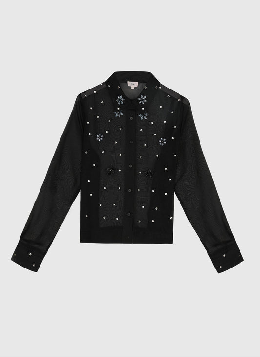 Camicia nera in organza con ricami gioiello