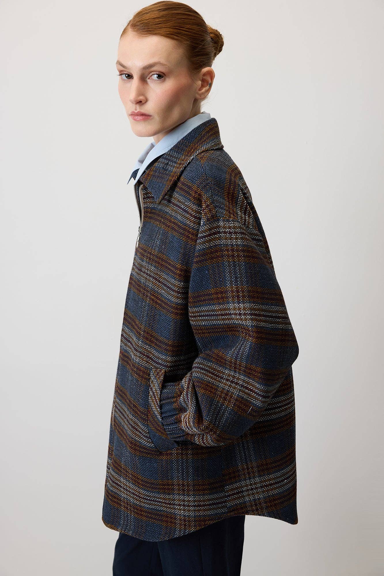 Giacca bomber oversize a quadri con colletto camicia