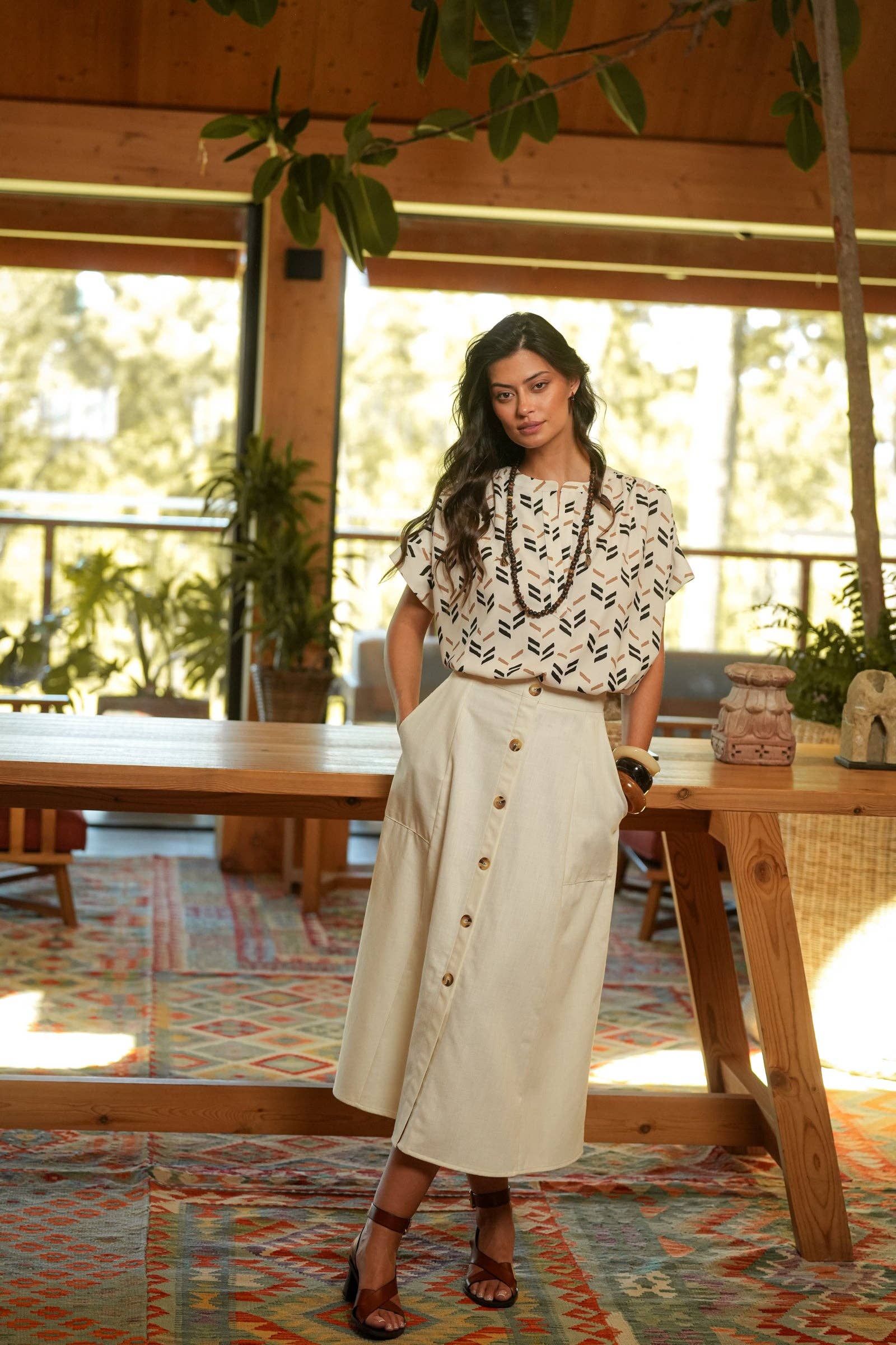 Gonna midi in cotone con bottoni