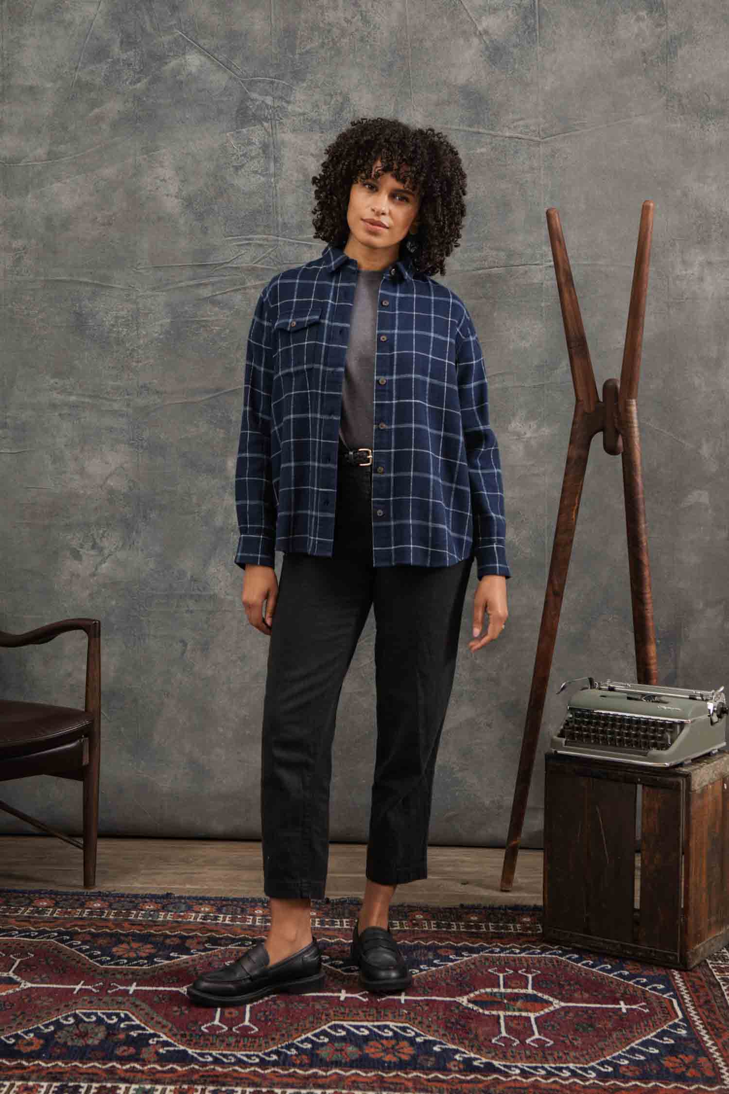 Camicia Bird a quadri blu in cotone biologico