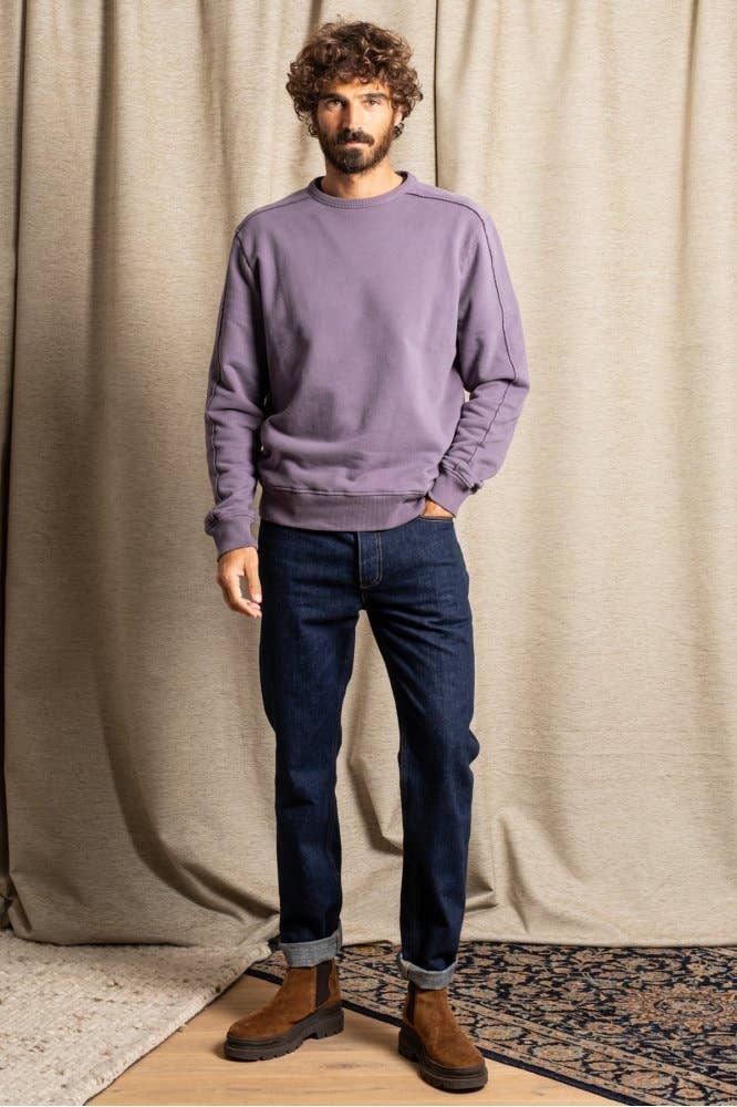 Felpa girocollo viola con maxi stampa sul retro