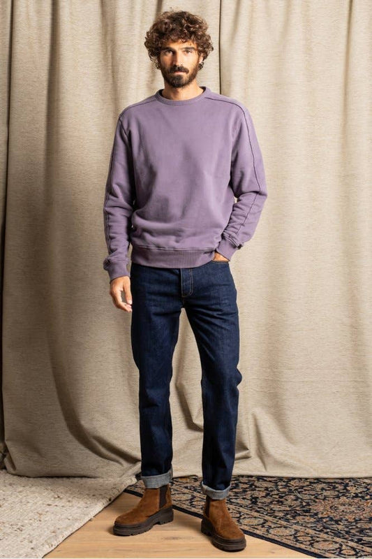 Felpa girocollo viola con maxi stampa sul retro