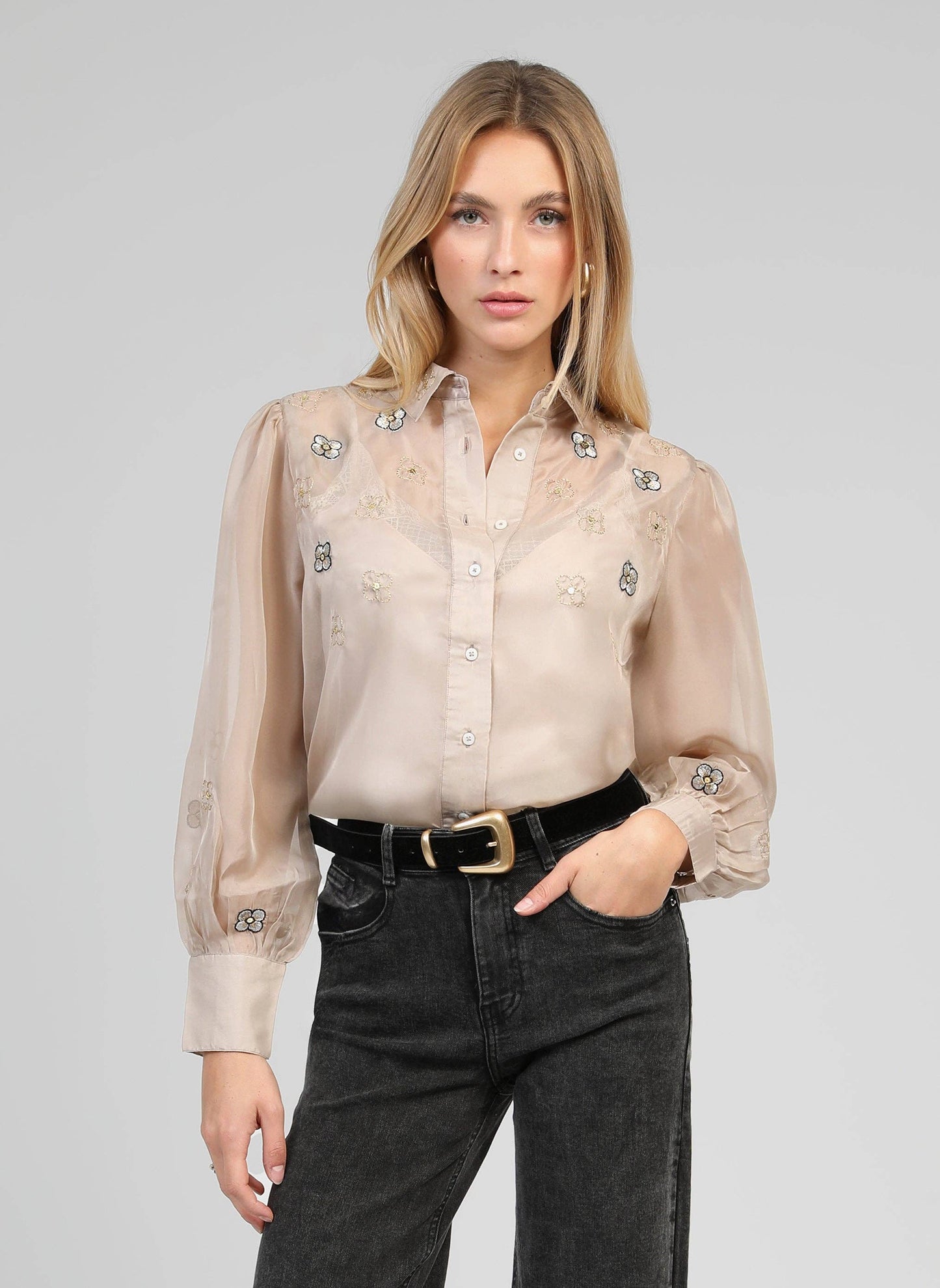 Camicia trasparente Santona color talpa ricamata
