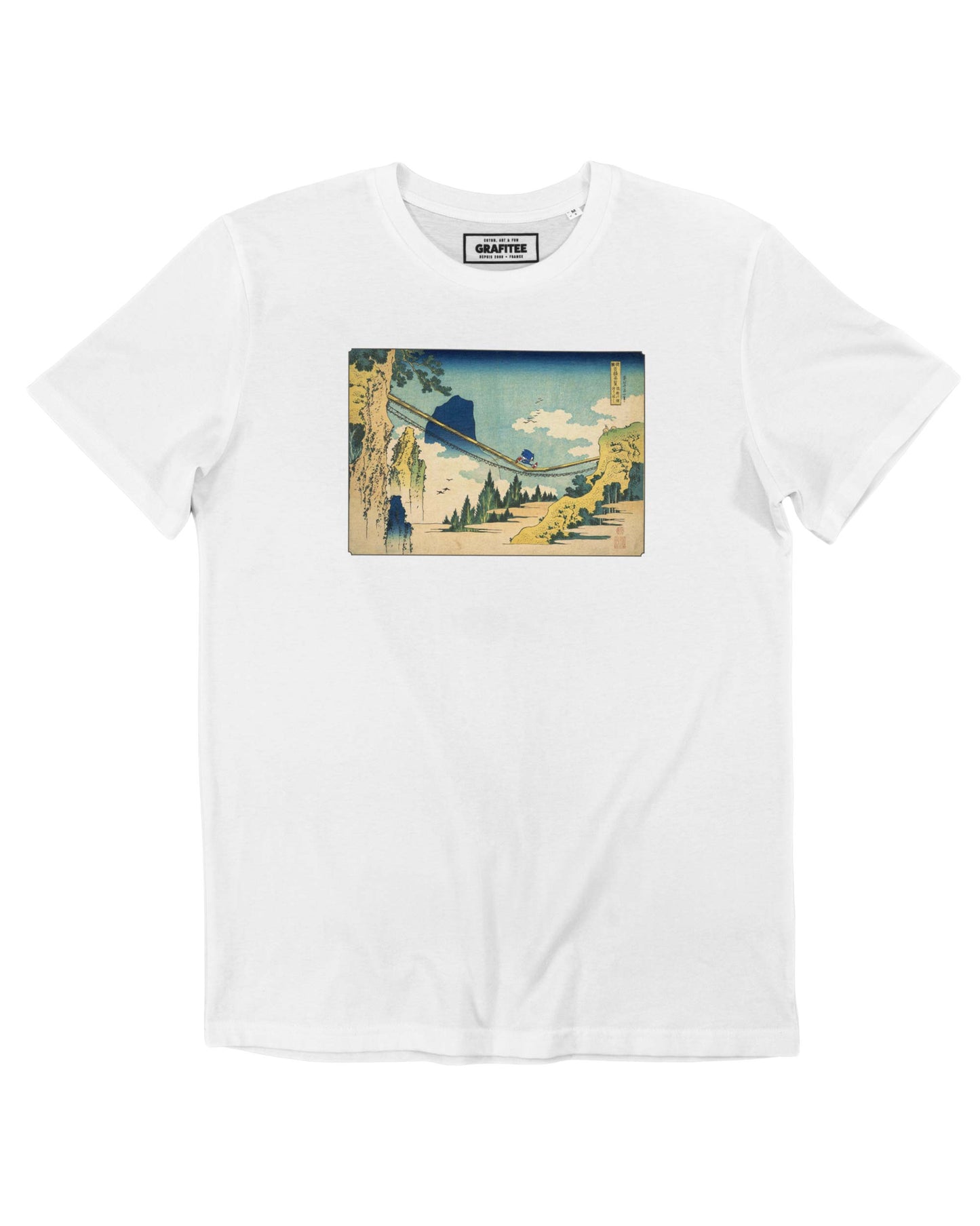 T-shirt bianca in cotone biologico con grafica riccio fluttuante ispirata a Sonic