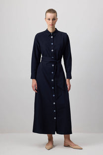 Abito camicia midi in popeline blu navy con cintura