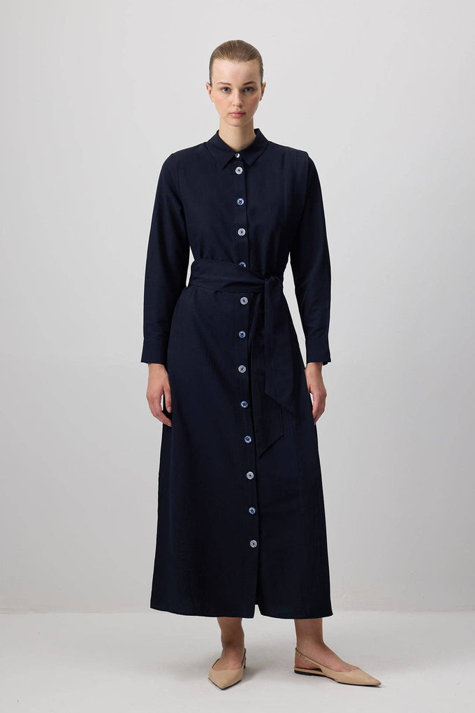 Abito camicia midi in popeline blu navy con cintura