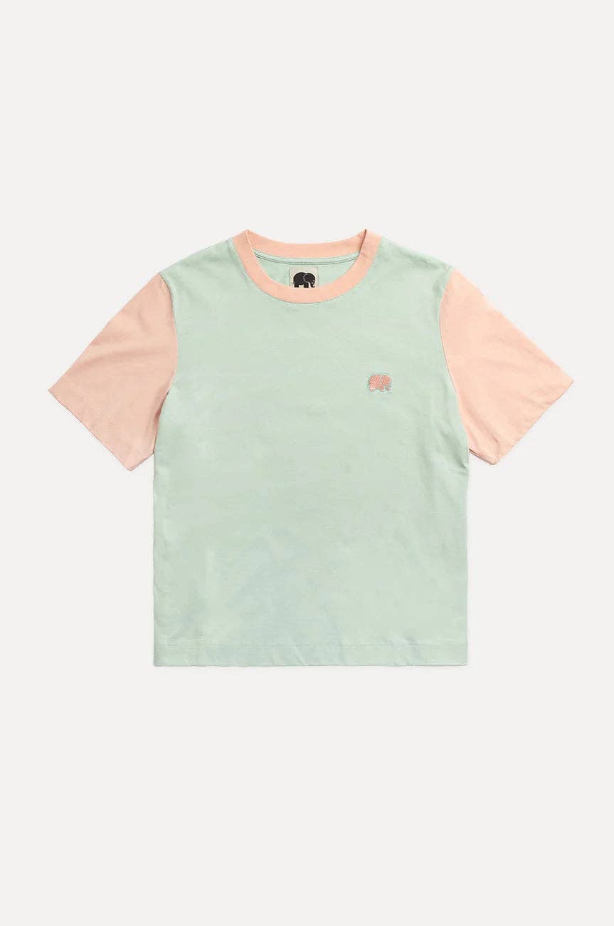 T-shirt donna color block verde menta con ricamo elefante