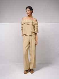 Tunica in misto lino con scollo a fascia e ricami