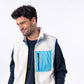Gilet sherpa unisex avorio e blu con zip