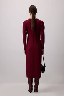 Abito midi bordeaux con nodo frontale in misto viscosa