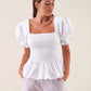 Blusa elasticizzata con scollo quadrato e maniche a sbuffo