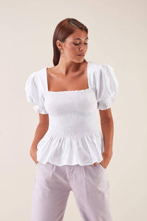 Blusa elasticizzata con scollo quadrato e maniche a sbuffo