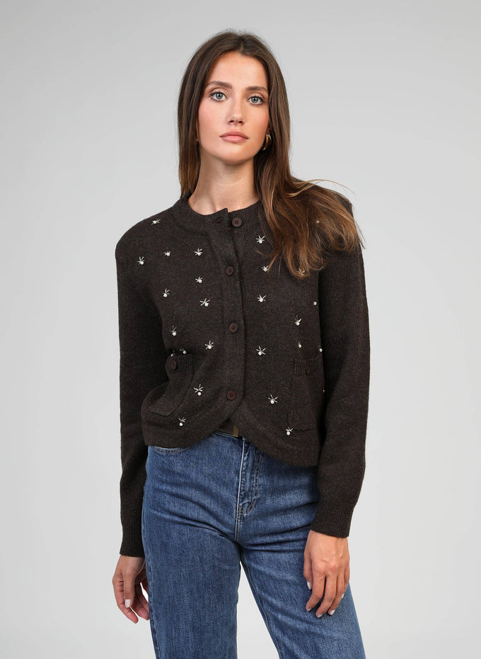 Cardigan Natalia marrone con ricamo di perle