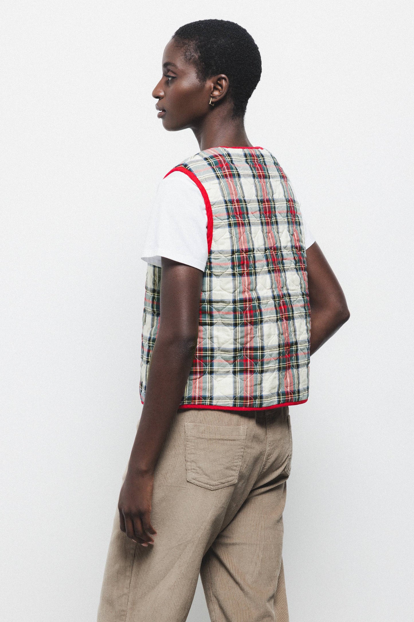 Gilet trapuntato tartan con scollo a V e laccio frontale