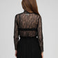 Top in pizzo trasparente nero a maniche lunghe con collo alto