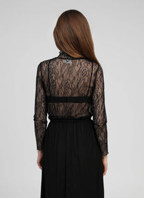 Top in pizzo trasparente nero a maniche lunghe con collo alto