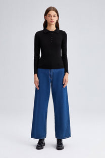 Body in maglia a coste con colletto polo