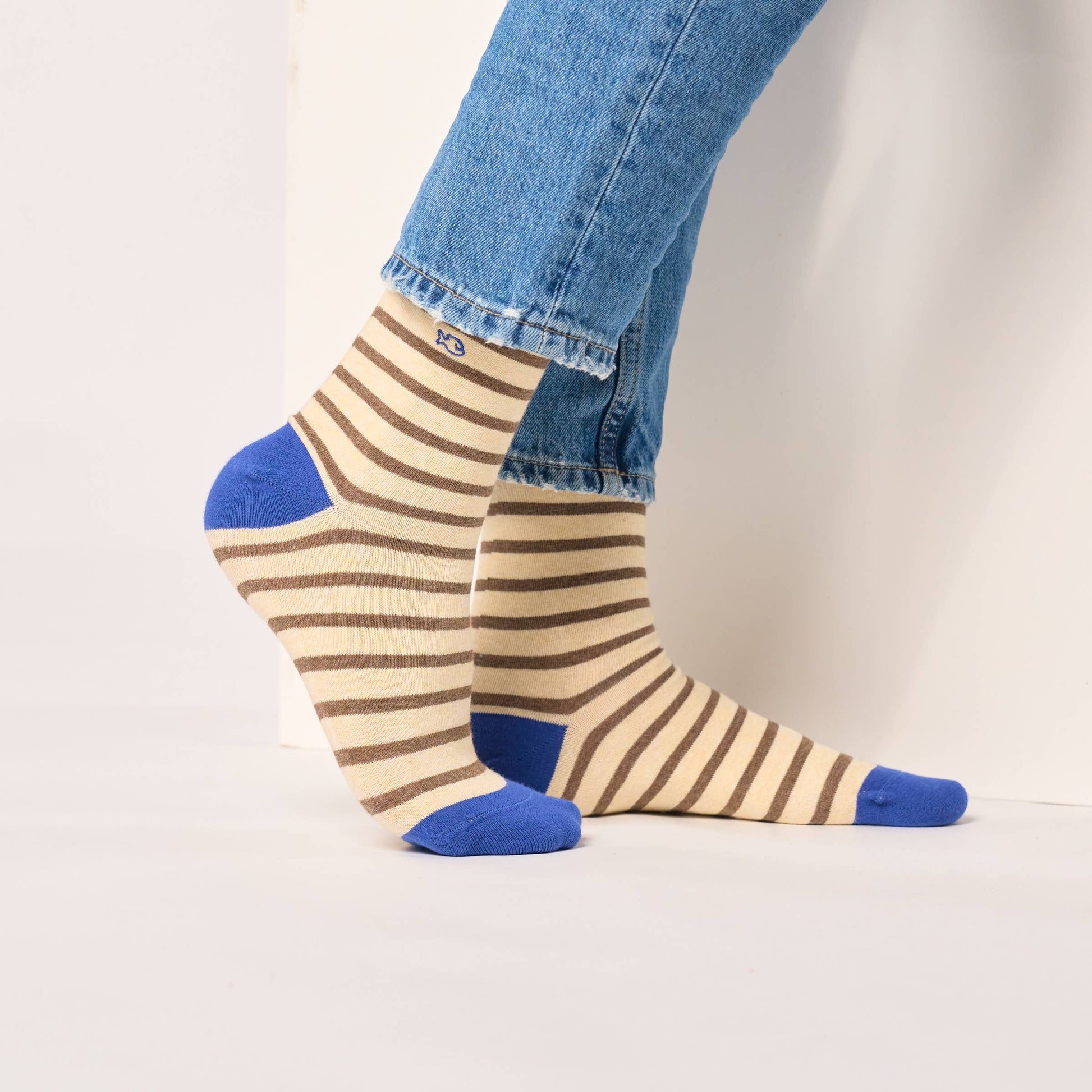 Calzini a righe in cotone pettinato beige e marrone