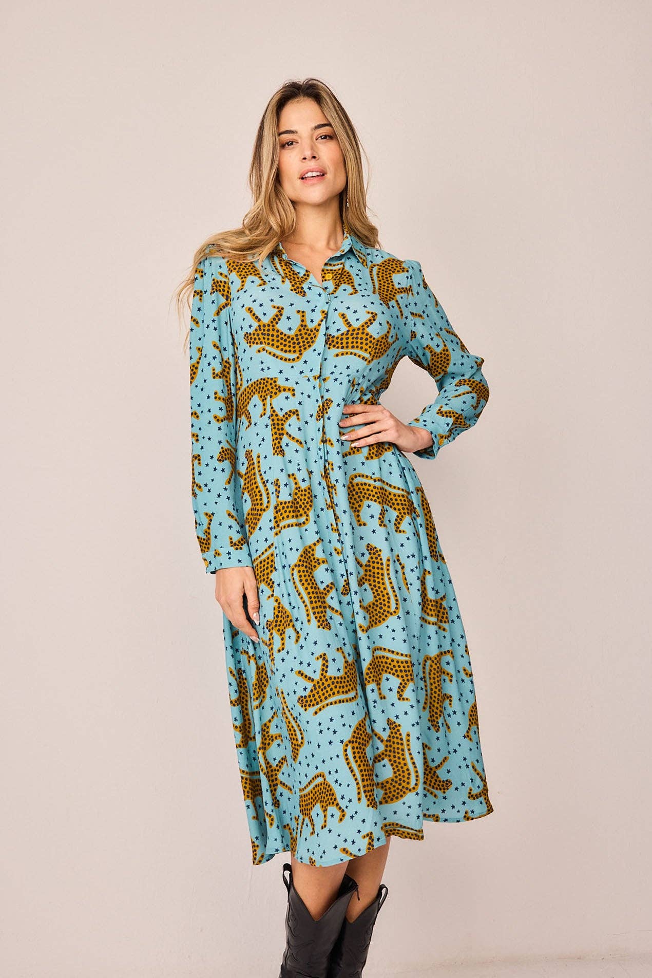 Abito chemisier lungo con stampa animalier