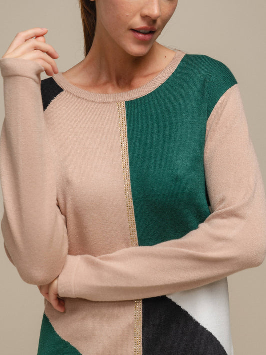 Maglione donna in maglia color block con dettaglio luminoso