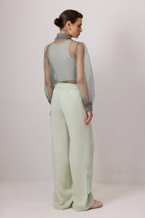 Pantaloni cargo a gamba larga in raso verde menta