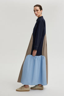 Abito lungo colour block con colletto in misto cotone