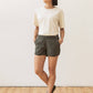 Shorts track Luca a righe oliva in lino e cotone