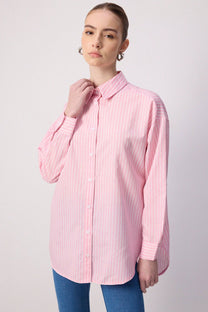 Camicia oversize a righe in misto cotone rosa