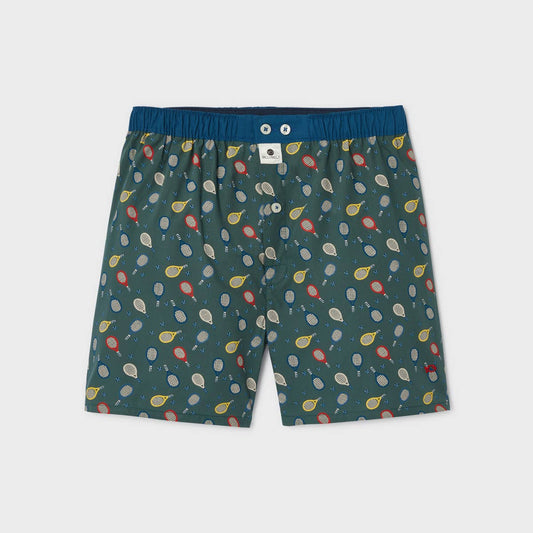 Boxer in cotone biologico con stampa racchette da tennis