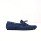 Mocassini in suede blu con fiocco e laccio laterale