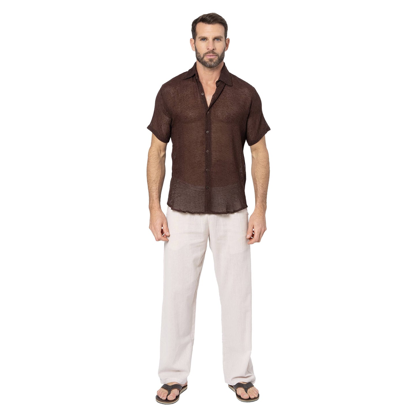 Camicia estiva in cotone a manica corta marrone