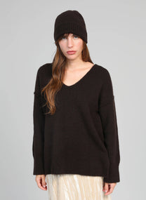 Maglione oversize con scollo a V color cioccolato