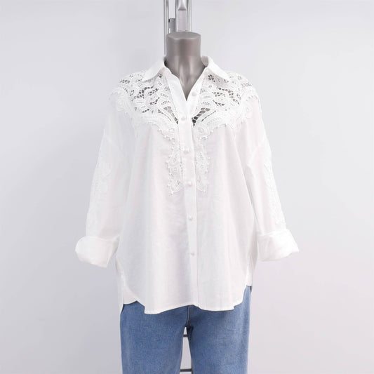 Camicia bianca in cotone e lino con pizzo