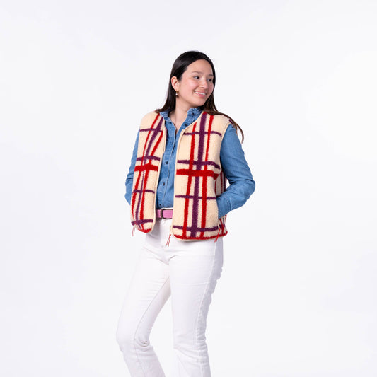 Gilet donna sherpa a quadri con zip