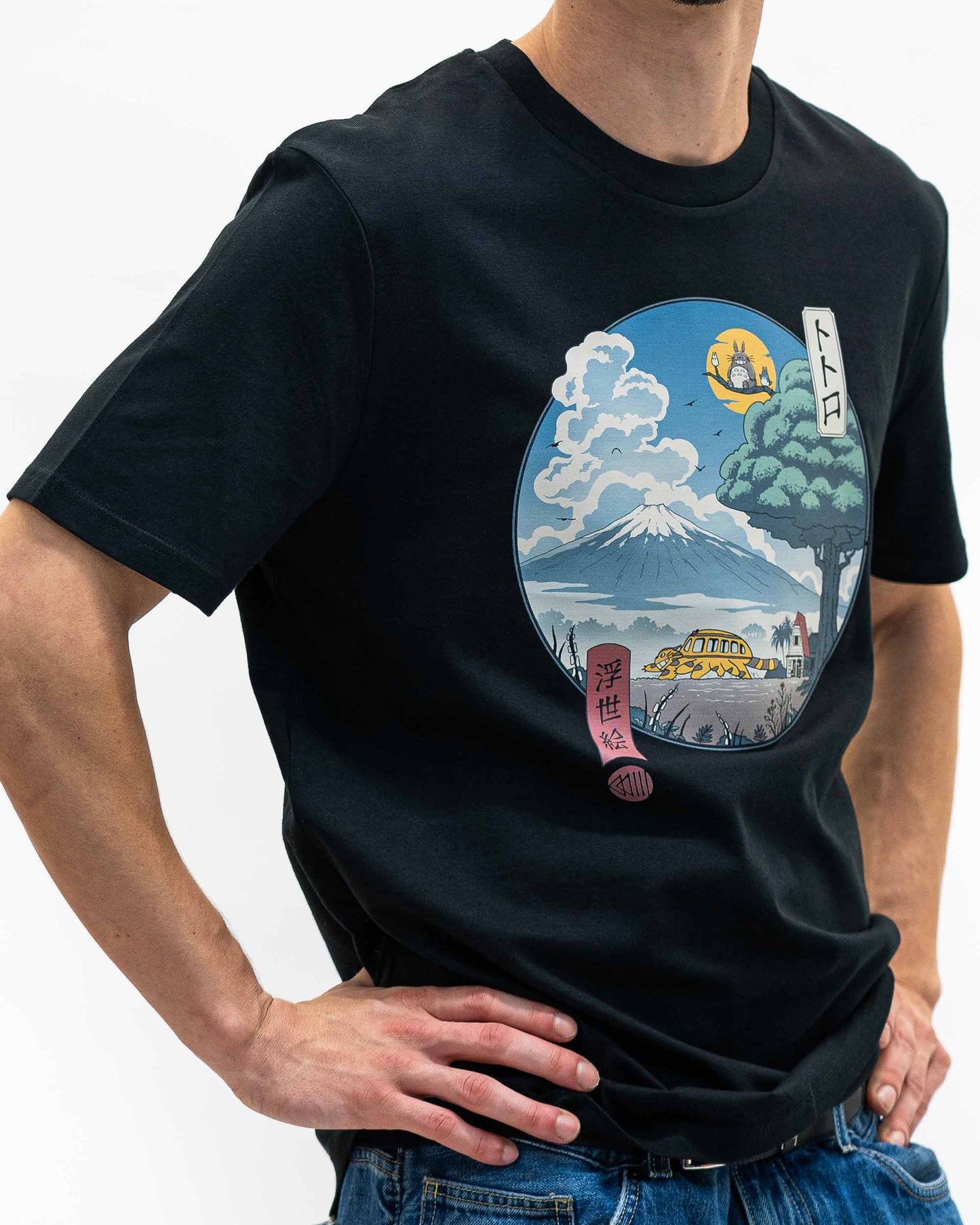 T-shirt unisex Totoro Ukiyo-e con grafica Totoro e Gatto-Bus