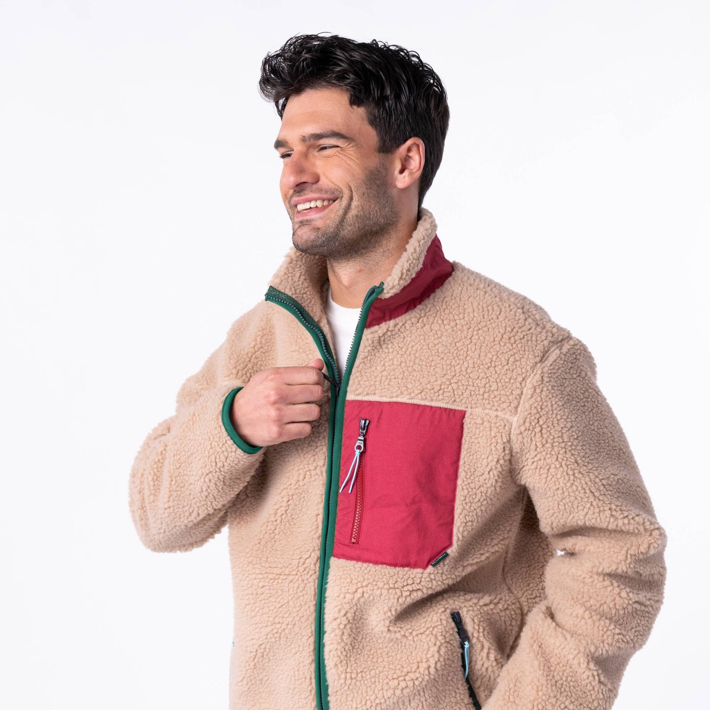 Giacca sherpa unisex con zip beige e bordeaux