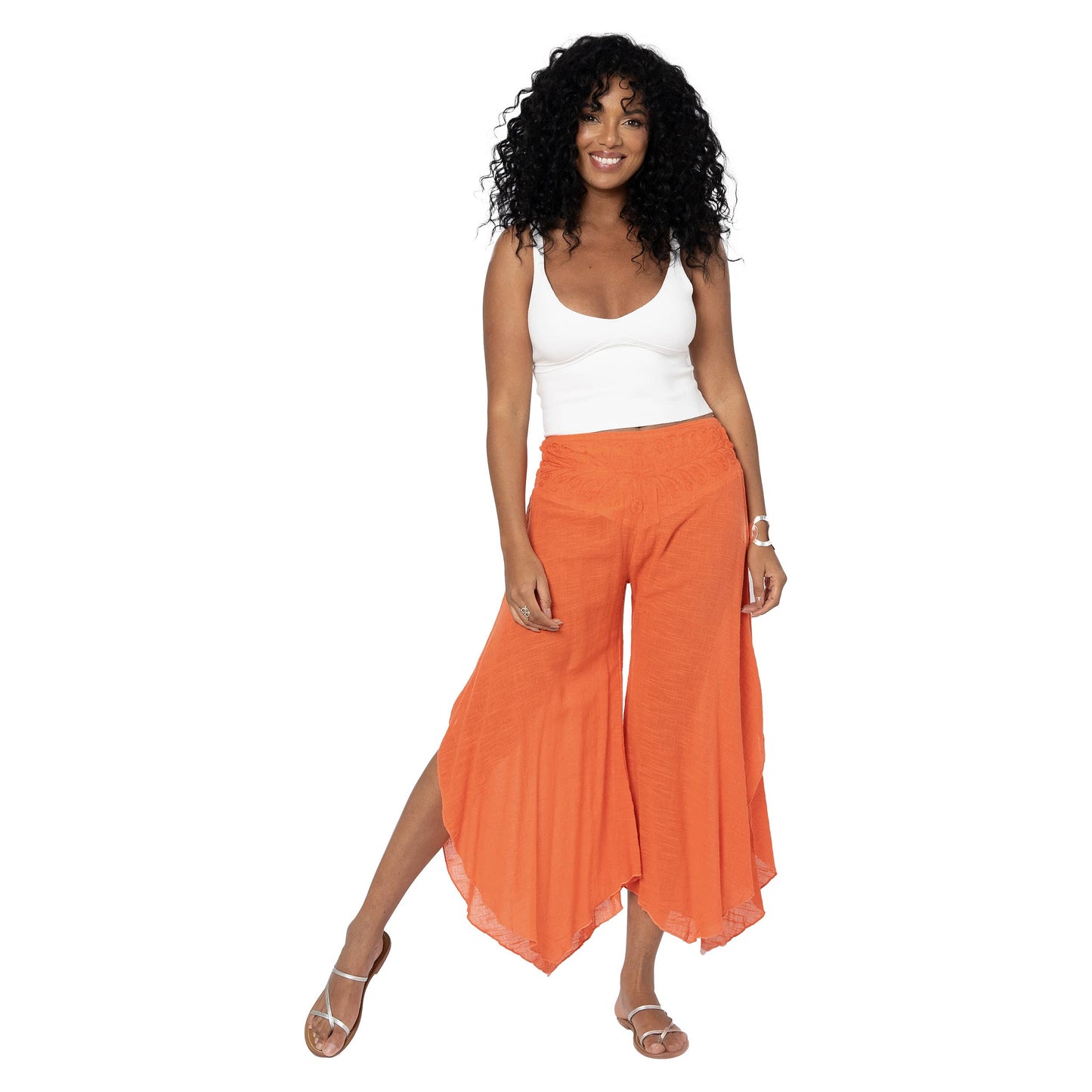 Pantaloni estivi asimmetrici in cotone arancione