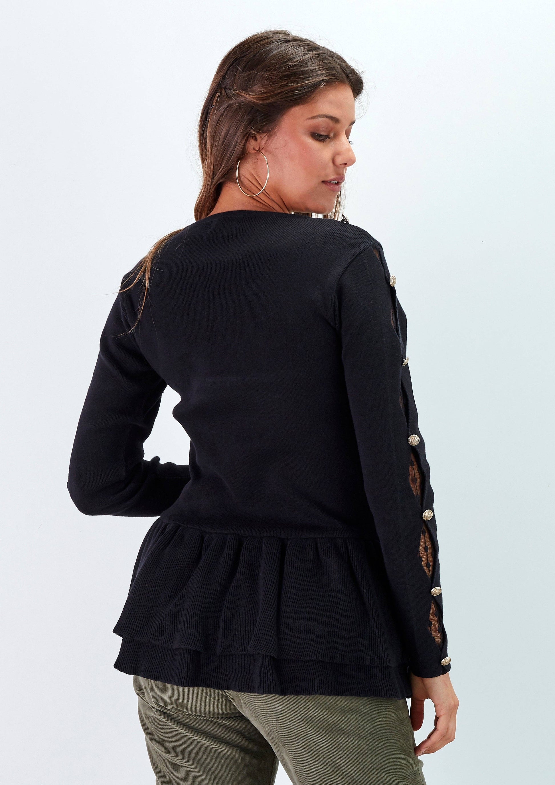 Maglia peplum con inserti in pizzo e bottoni