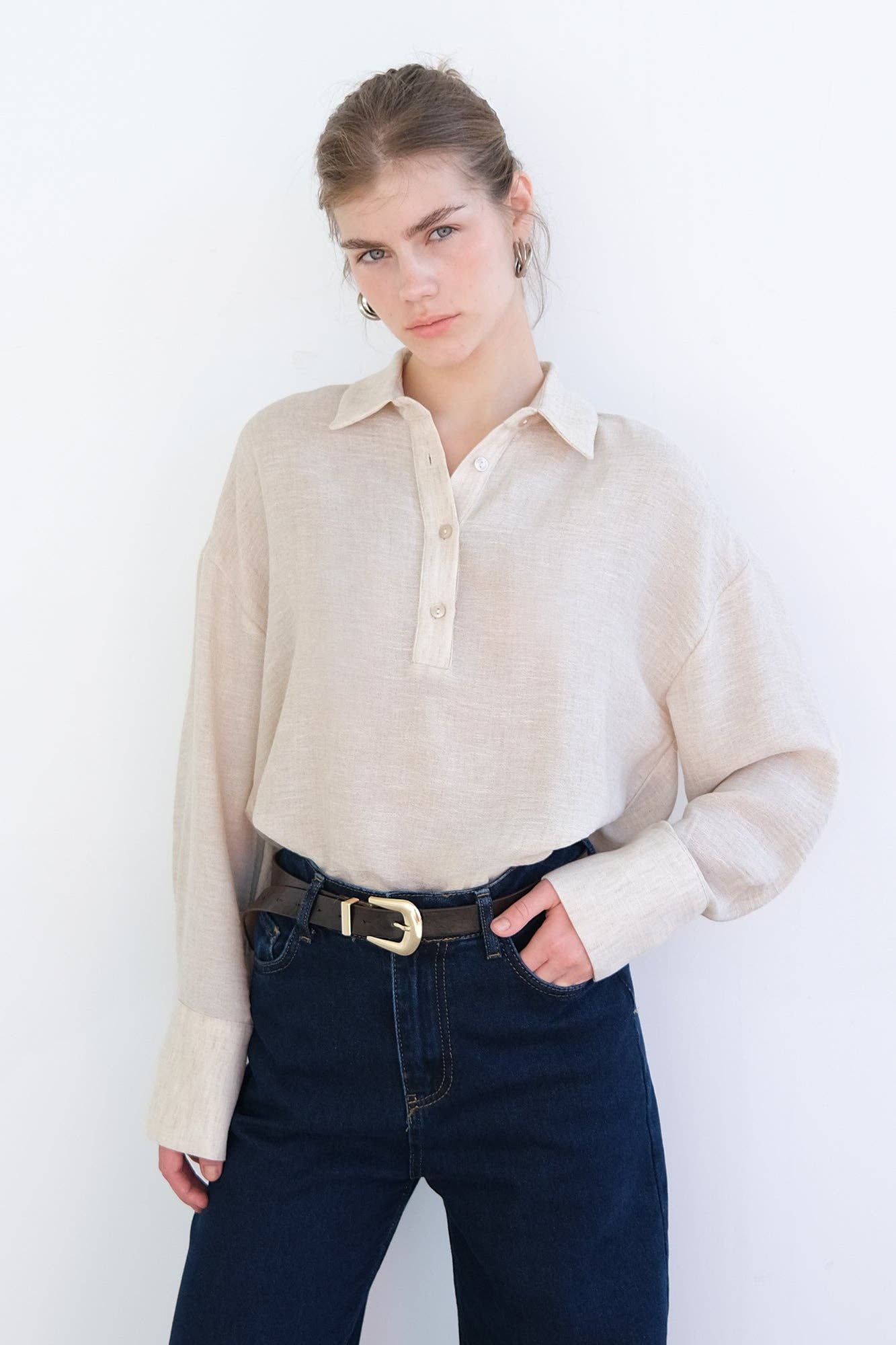 Tunica melange beige con colletto a camicia