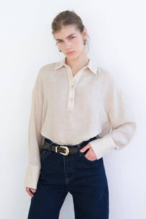 Tunica melange beige con colletto a camicia