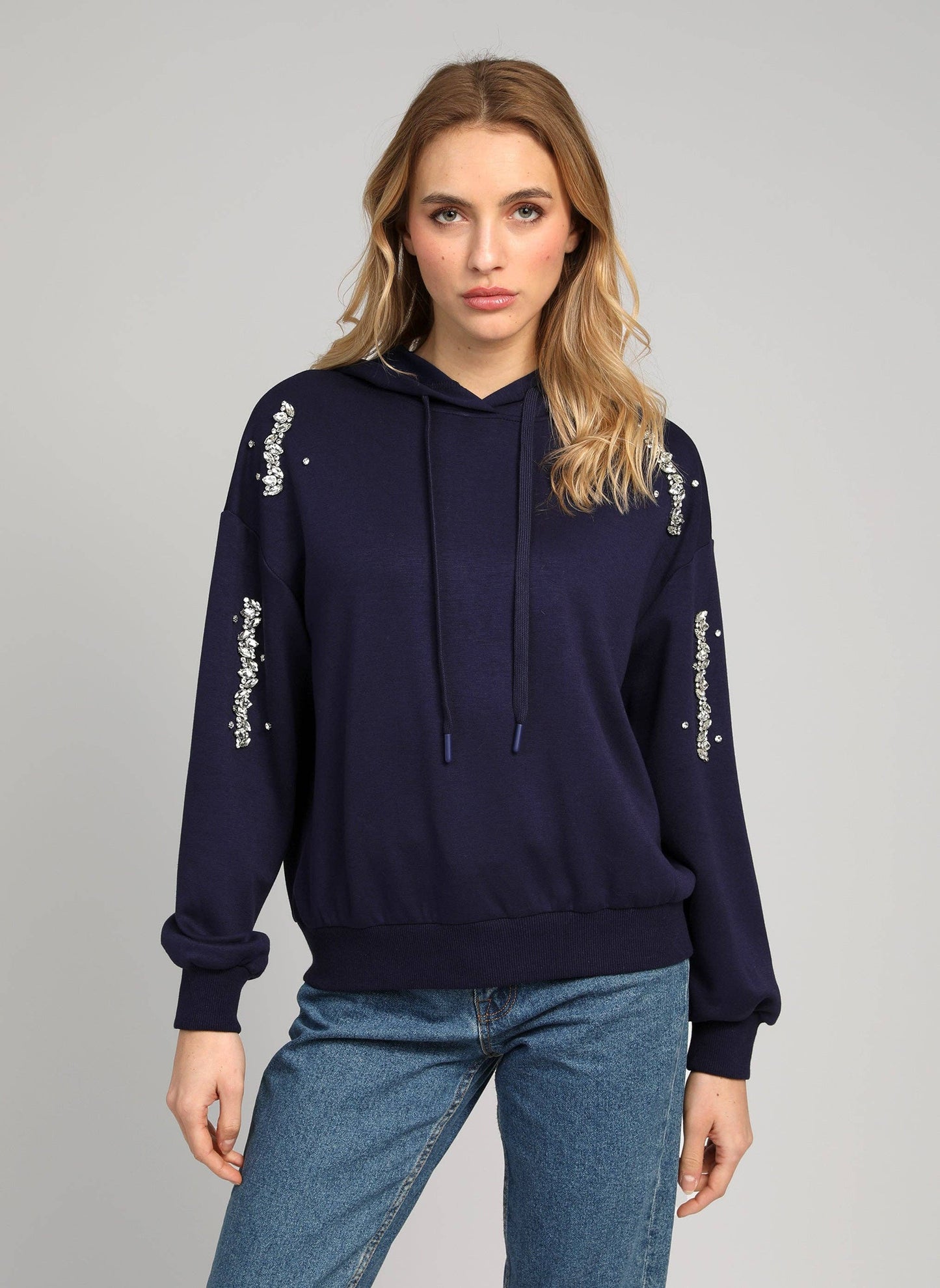 Felpa con cappuccio blu navy con strass